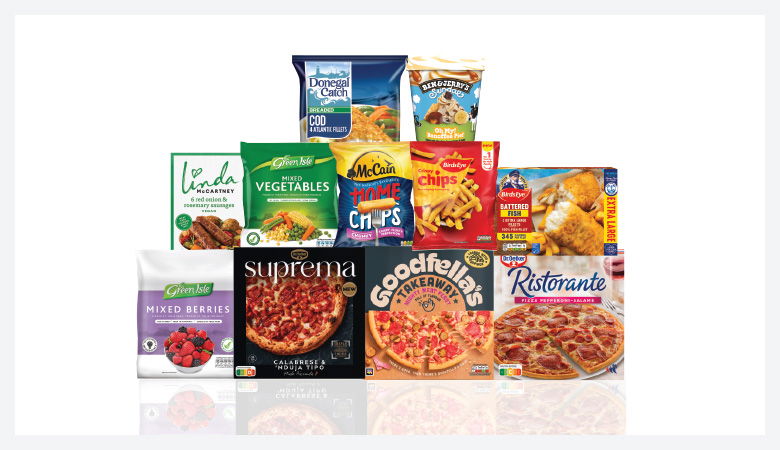 A promotional image showing a variety of frozen food items arranged on a red background.