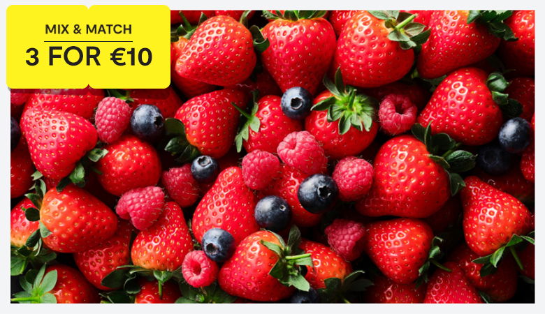 Promotion featuring a selection of fruit and veg 3 for €10