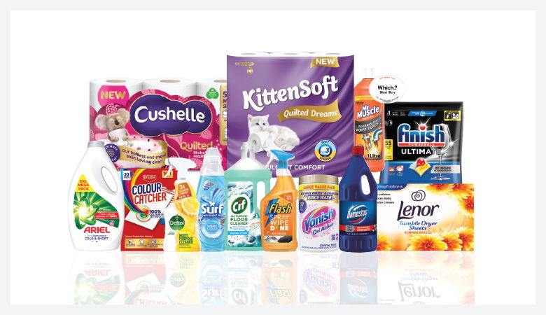 A promotional image showcasing various household cleaning and laundry products against a red backdrop.