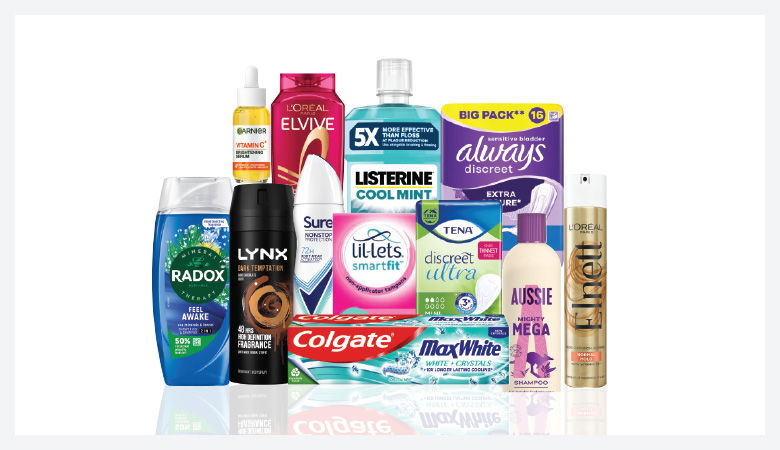 A promotional image showcasing various personal care products against a red backdrop.