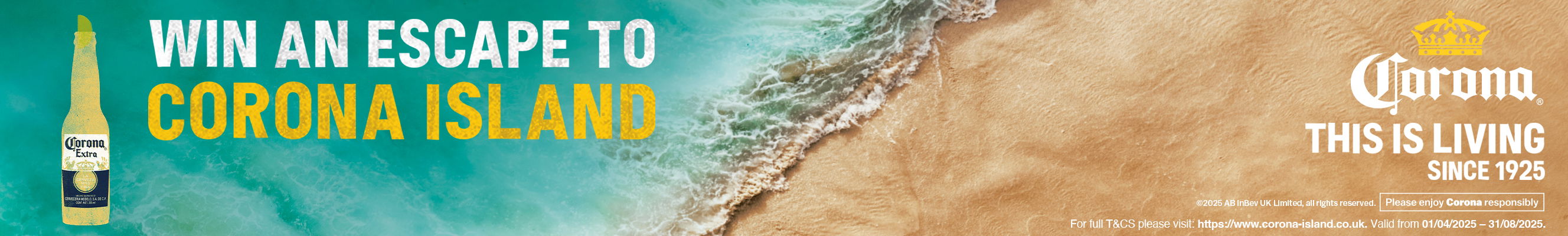 A Corona advertisement features a bottle of Corona, with a beach and sea in the background