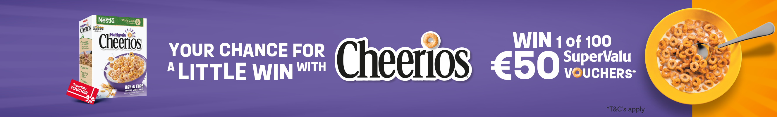 A promotional image for cheerios and a chance to win €50 SuperValu coucher