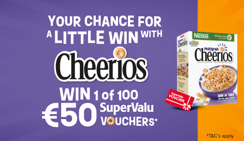 A promotional image for cheerios and a chance to win €50 SuperValu coucher