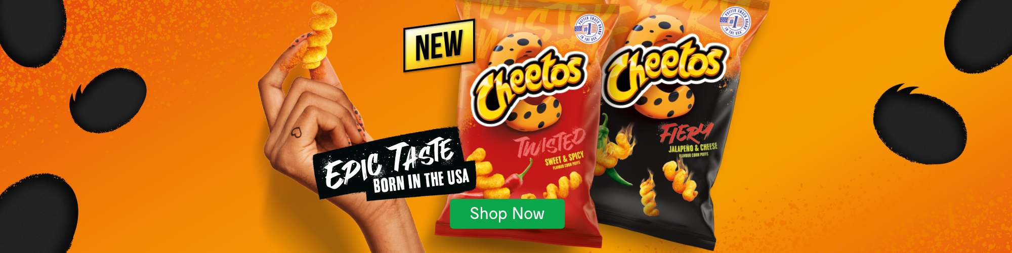 Advertisement for Cheetos crisps, two flavours sweet and spicy, and Jalapeno cheese
