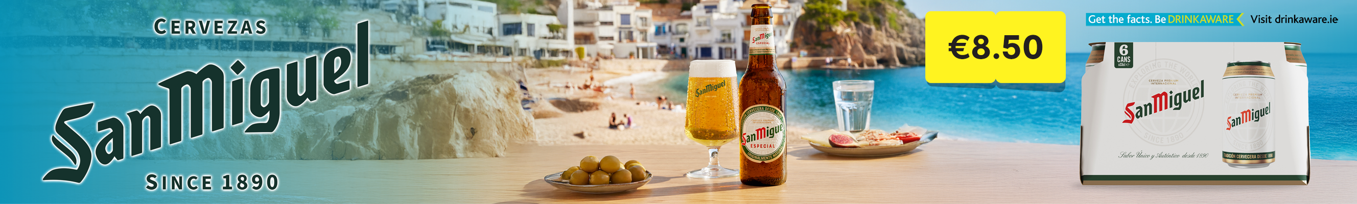 Advertisement for San Miguel beer, promotion price of €8.50 for a pack of 6 cans