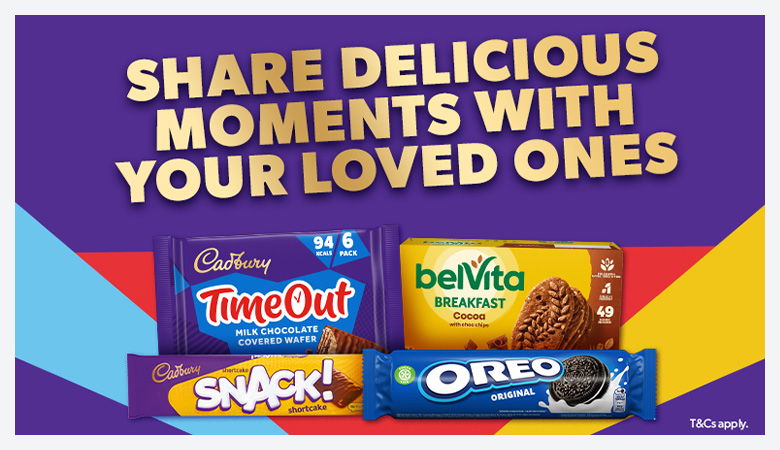 Advertisement for a selection of Cadbury products, with text reading 'Share Delicious Moments with your loved ones'