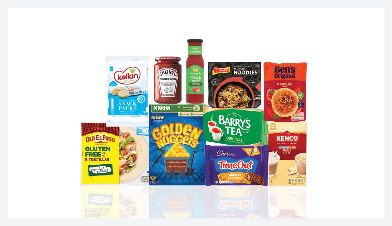 A promotional image displaying various grocery items against a red backdrop.