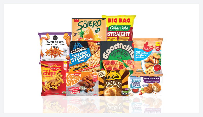 A promotional image showing a variety of frozen food items arranged on a red background.