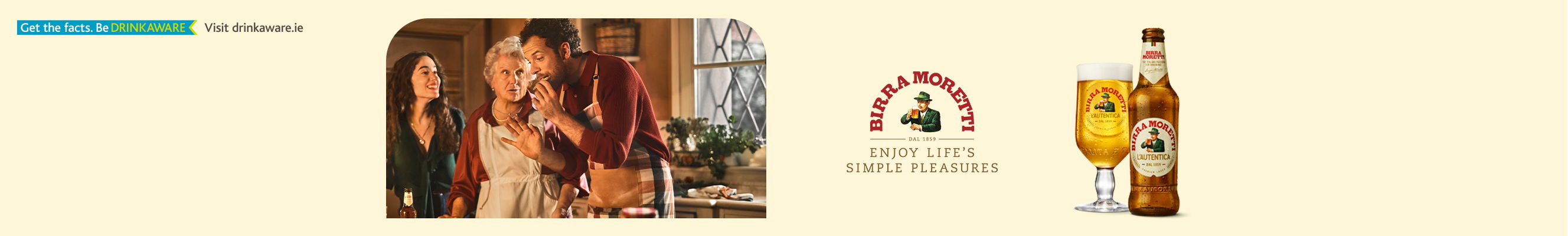Advertisement for Birra Moretti Beer, and Italian family enjoying time together with a bottle of beer