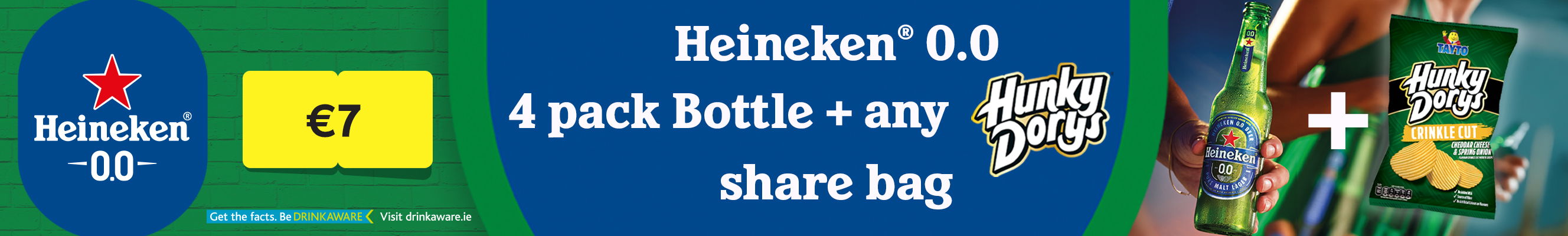 An advertisement for Heineken 4 pack bottle with any hunky dorys share bag