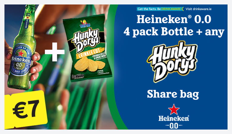 An advertisement for Heineken 4 pack bottle with any hunky dorys share bag