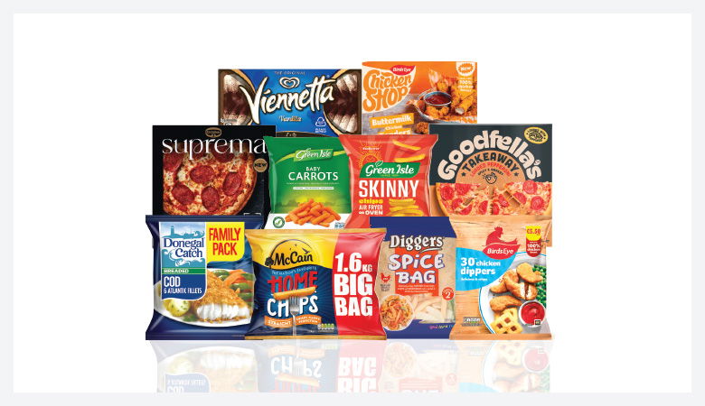 A promotional image showing a variety of frozen food items arranged on a red background.