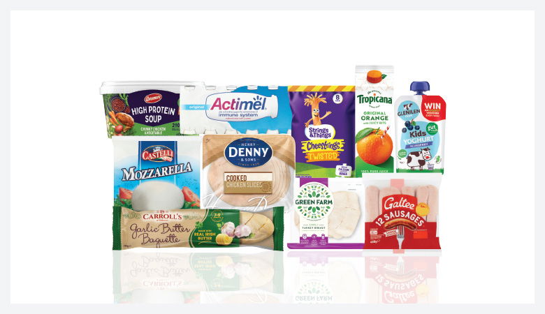 A promotional image showing a variety of food products arranged on a red background.