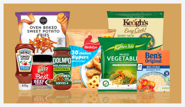 Range of packaged and frozen foods for fast family meals.