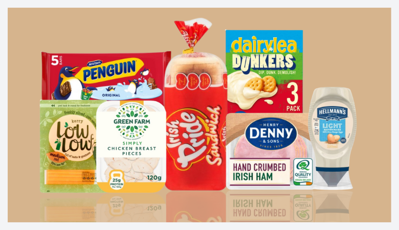 Selection of snacks, bread, cheese, ham, and drinks for school lunches.