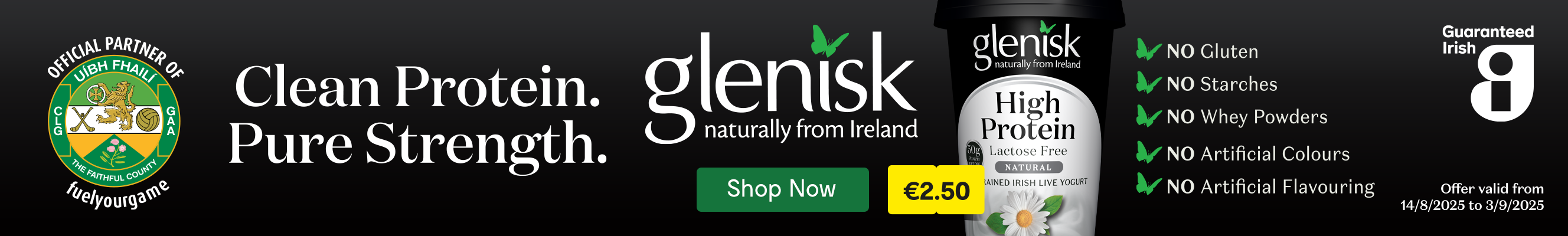 An advertisement for glenisk high protein yogurt