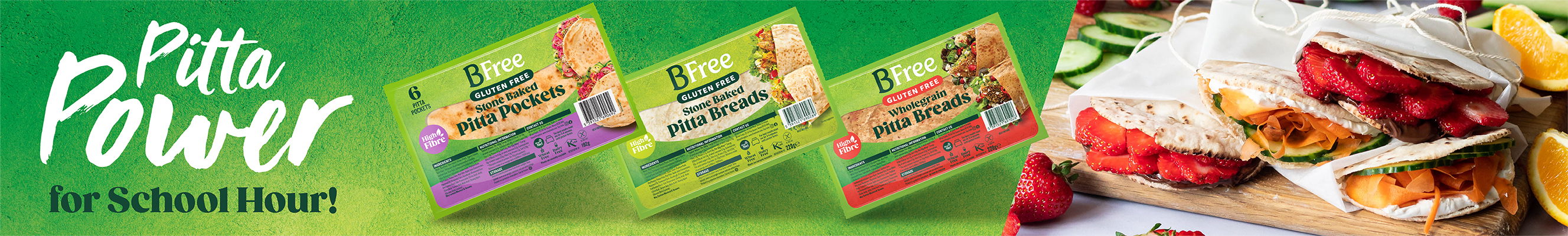BFree advertisment showing a range of pitta breads- perfect for back to school lunches