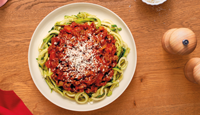 meat bolognese served with courgetti spaghetti