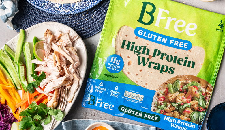 BFree Gluten Free High Protein Wraps alongside fresh ingredients for making healthy wraps.