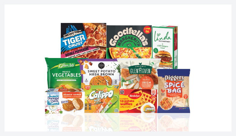 A promotional image showing a variety of frozen food items arranged on a red background.