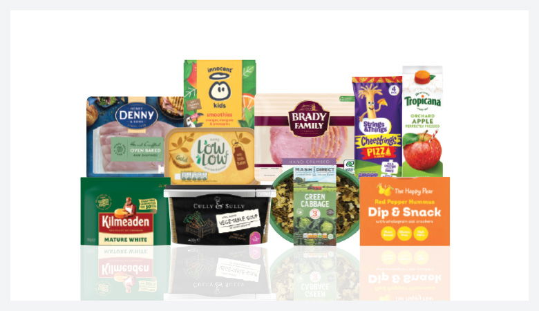 A promotional image showing a variety of food products arranged on a red background.