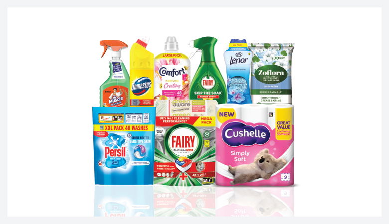 A promotional image showcasing various household cleaning and laundry products against a red backdrop.
