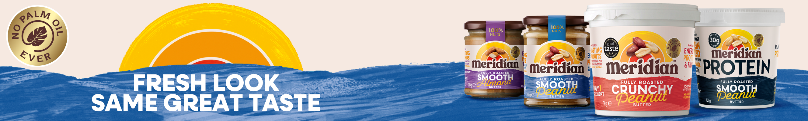 Advertisement for Meridian peanut butter range showing smooth almond, smooth peanut and crunchy peanut flavours