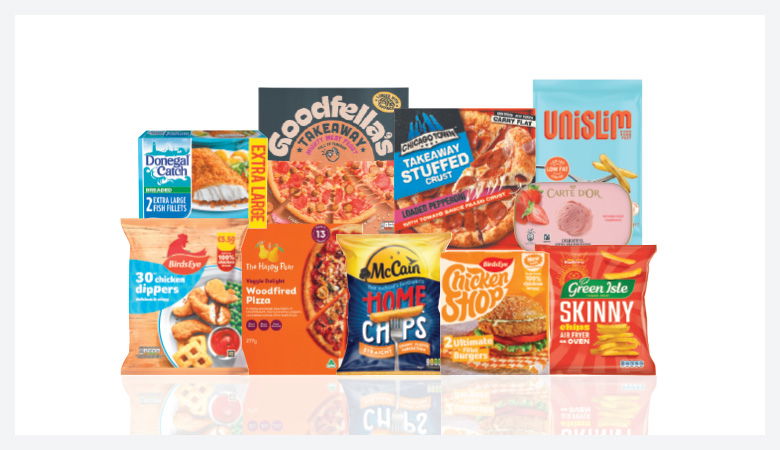 A promotional image showing a variety of frozen food items arranged on a red background.