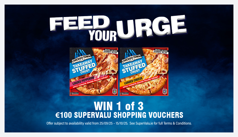 A promotional image for Chicago town pizza and change to win SuperValu vouchers