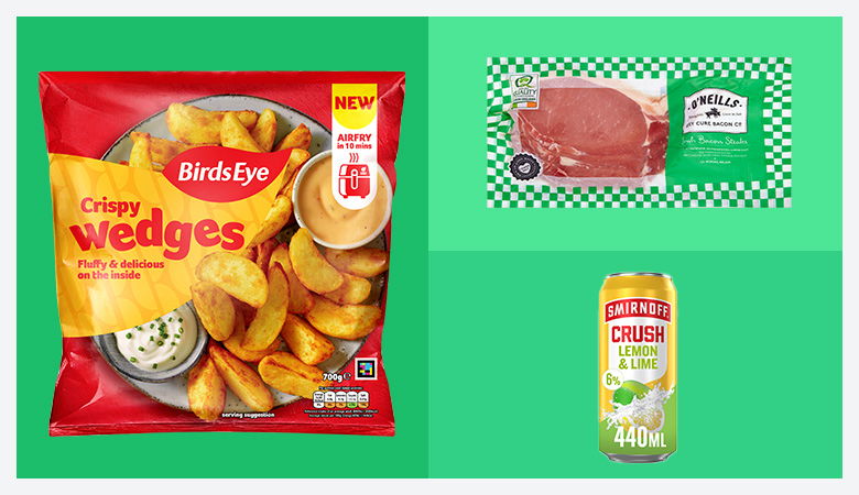 A collage of three product images against a solid green background.