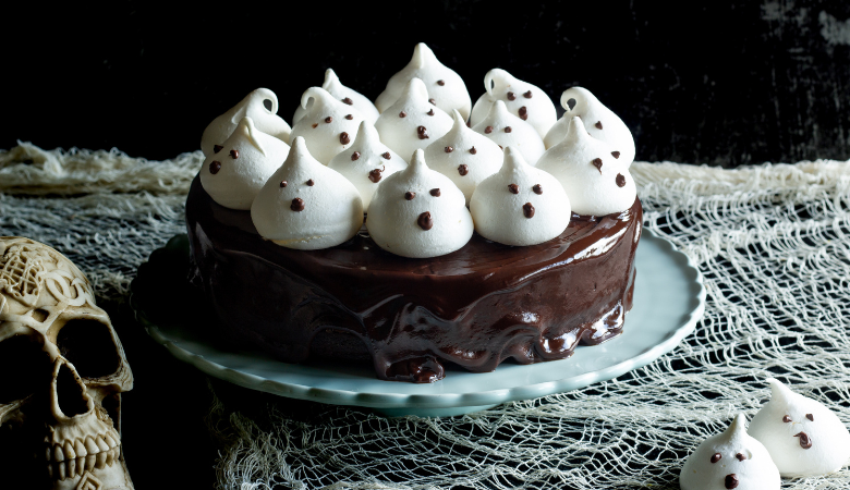 chocolate cake toped with ghost shaped icing