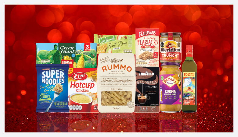 A promotional image displaying various grocery items against a red backdrop.
