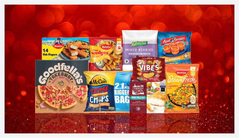 A promotional image showing a variety of frozen food items arranged on a red background.