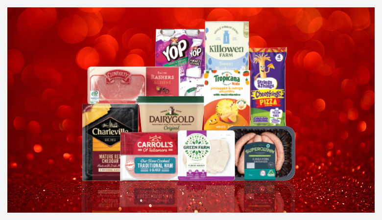A promotional image showing a variety of food products arranged on a red background.