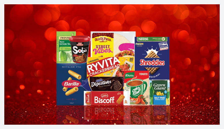 A promotional image displaying various grocery items against a red backdrop.