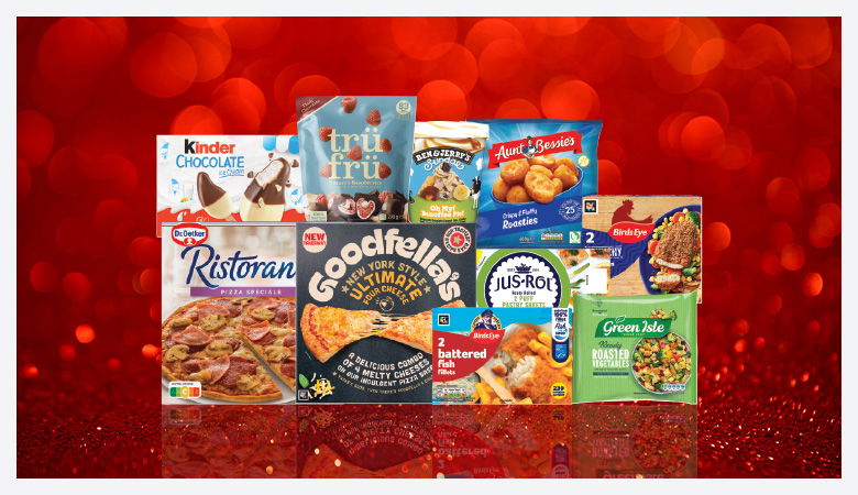 A promotional image showing a variety of frozen food items arranged on a red background.
