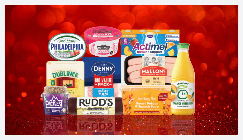 A promotional image showing a variety of food products arranged on a red background.