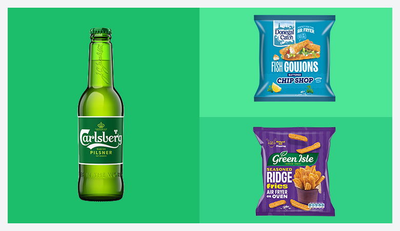 A collage of three product images against a solid green background.