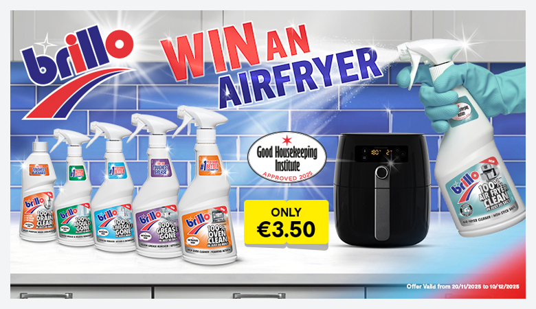 A promotional image for Brillo and your chance to win an airfryer