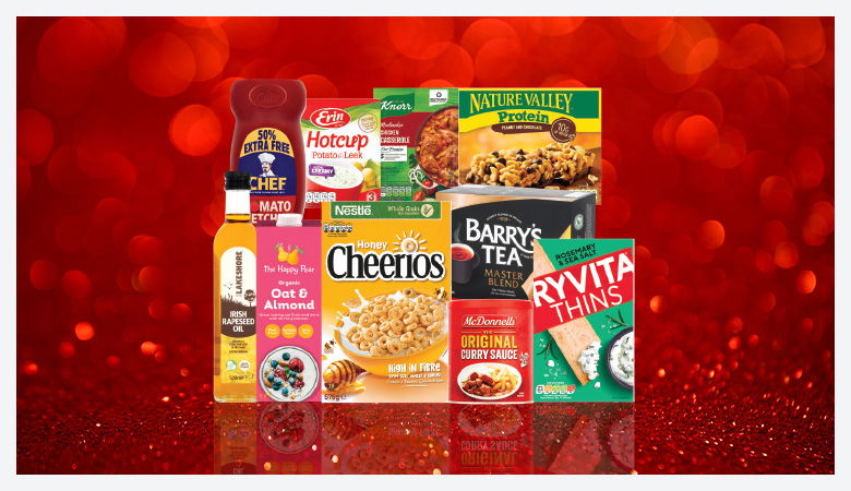A promotional image displaying various grocery items against a red backdrop.