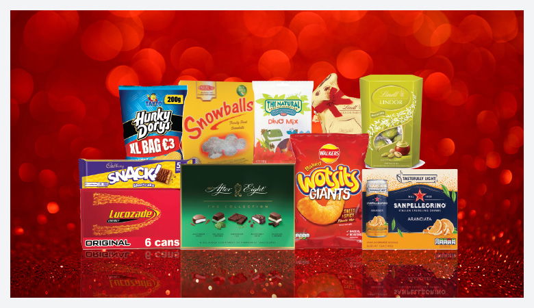A promotional image showcasing a variety of snack foods and drinks against a red backdrop.