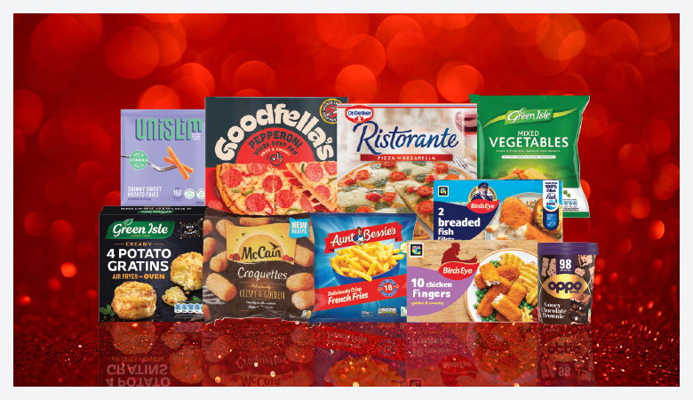 A promotional image showing a variety of frozen food items arranged on a red background.