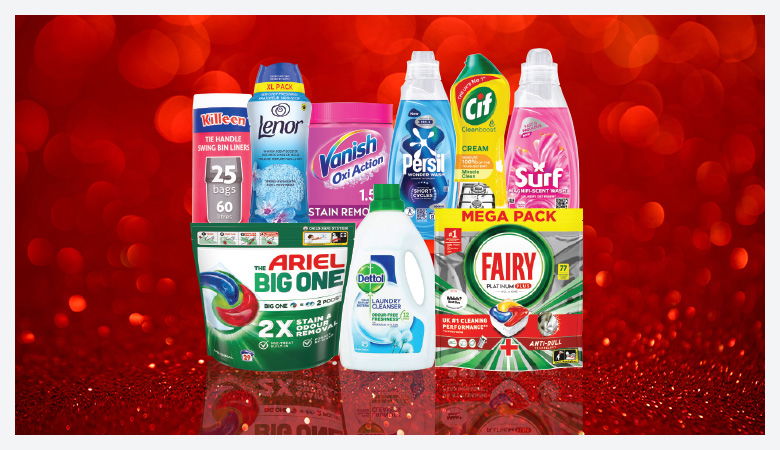 A promotional image showcasing various household cleaning and laundry products against a red backdrop.