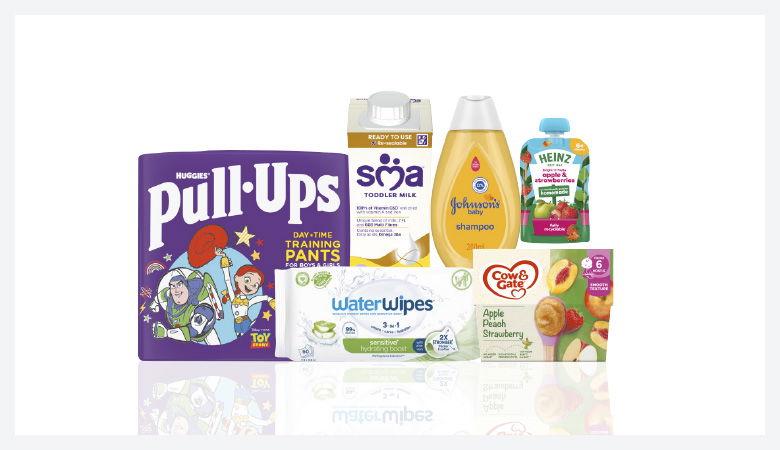 A promotional image showcasing a variety of snack foods and drinks against a red backdrop.