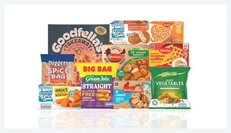 A promotional image showing a variety of frozen food items arranged on a red background.