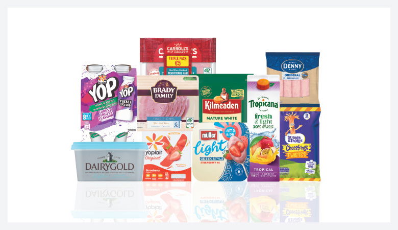 A promotional image showing a variety of food products arranged on a red background.