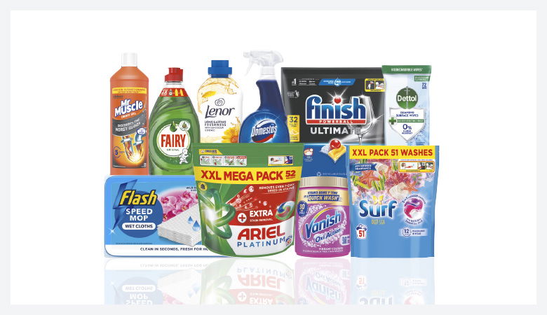 A promotional image showcasing various household cleaning and laundry products against a red backdrop.