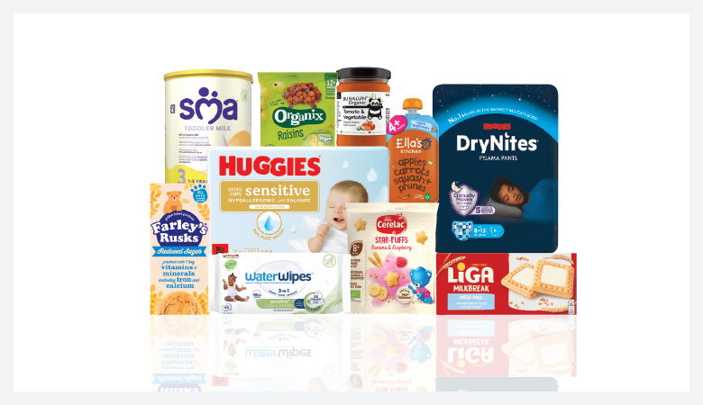 A promotional image showcasing a variety of snack foods and drinks against a red backdrop.