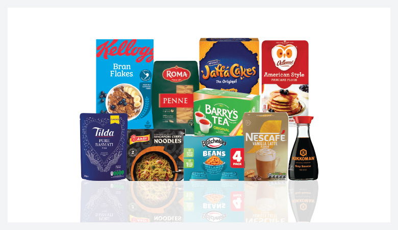 A promotional image displaying various grocery items against a red backdrop.