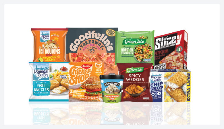 A promotional image showing a variety of frozen food items arranged on a red background.